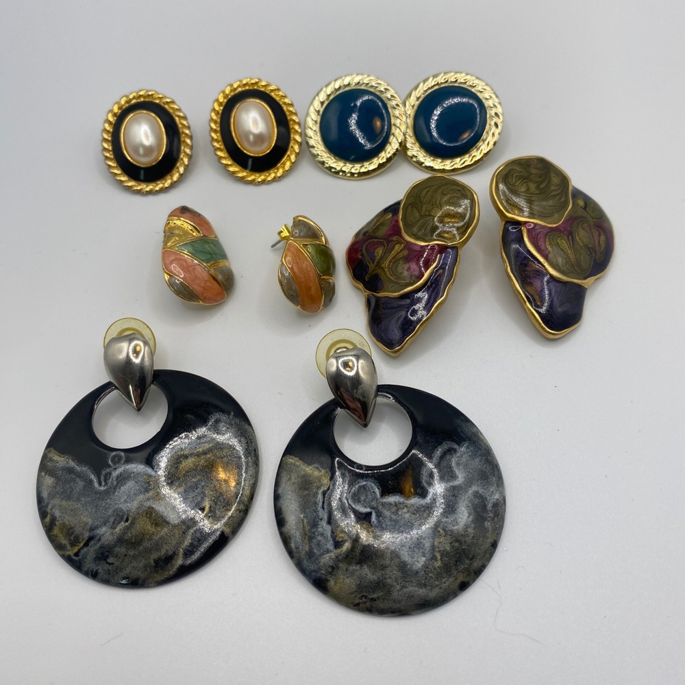 Vtg Enamel Earring Lot 5 Pairs Pierced Studs Gold Tone Cabochon Statement 80s